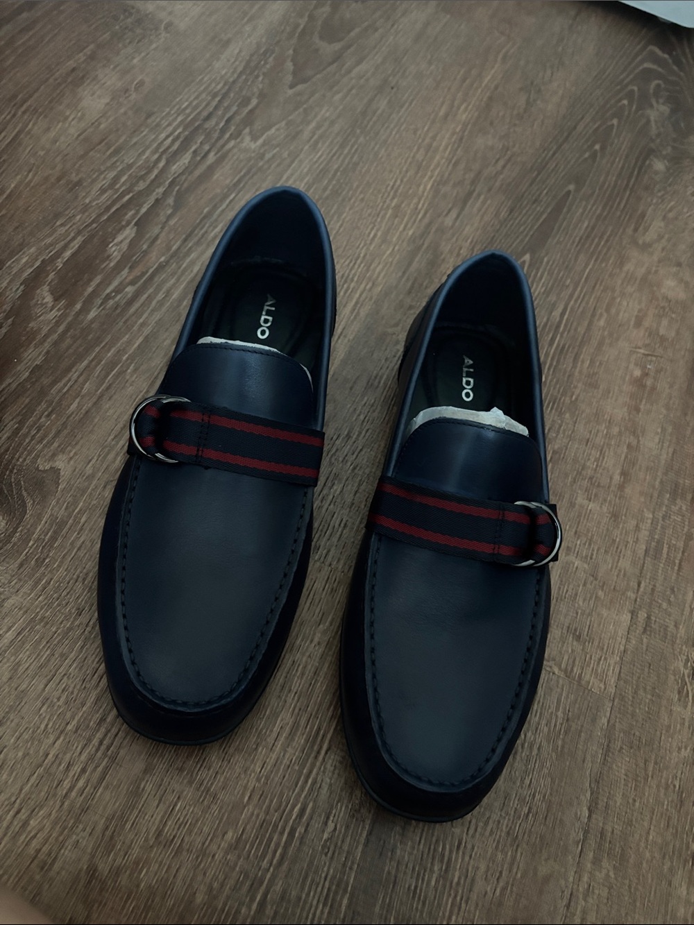 Aldo Navy Leather Slip-On Loafers with Red-Striped Strap